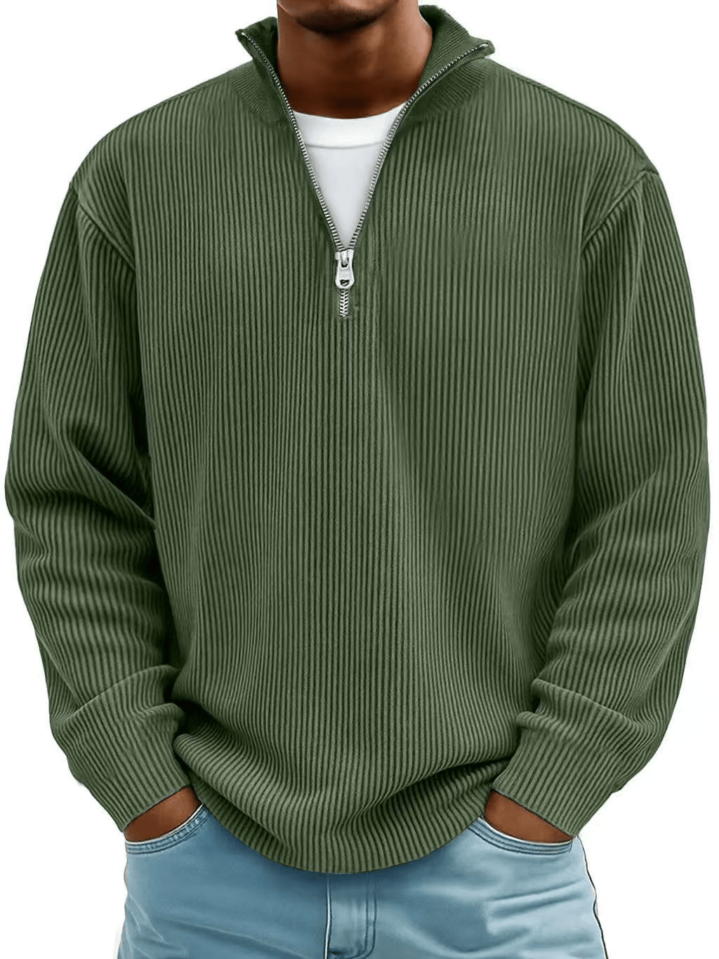 Ribbet pullover med kvart lynlås til mænd