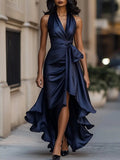 Damen Satin-Neckholder-Maxikleid mit Wickelbund-Detail