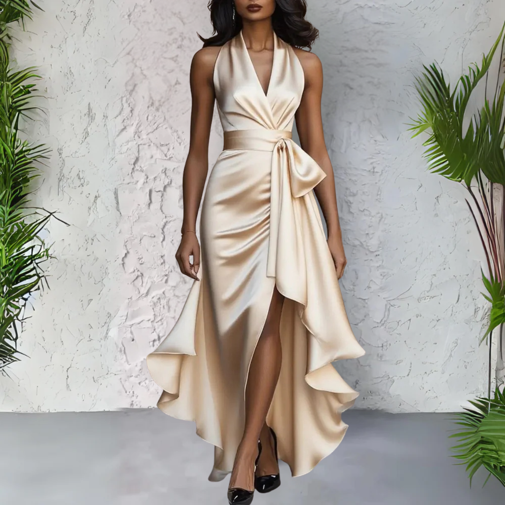 Women's Satin Halter Maxi Dress with Wrap Waist Detail