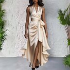 Women's Satin Halter Maxi Dress with Wrap Waist Detail