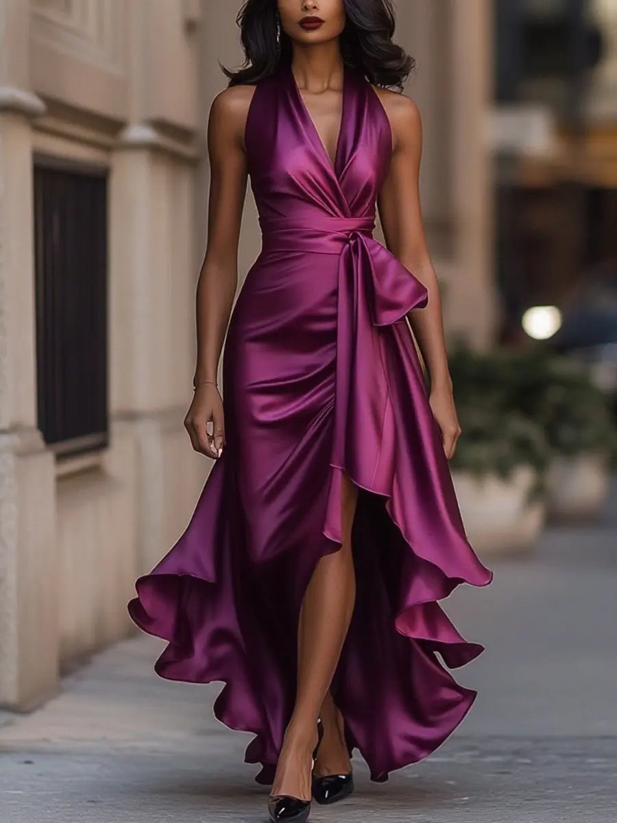Women's Satin Halter Maxi Dress with Wrap Waist Detail