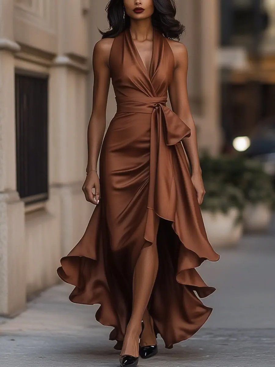 Women's Satin Halter Maxi Dress with Wrap Waist Detail