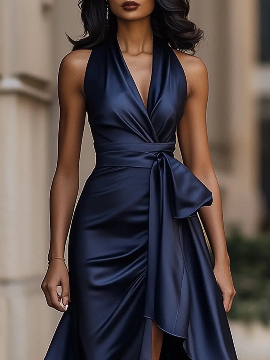 Women's Satin Halter Maxi Dress with Wrap Waist Detail