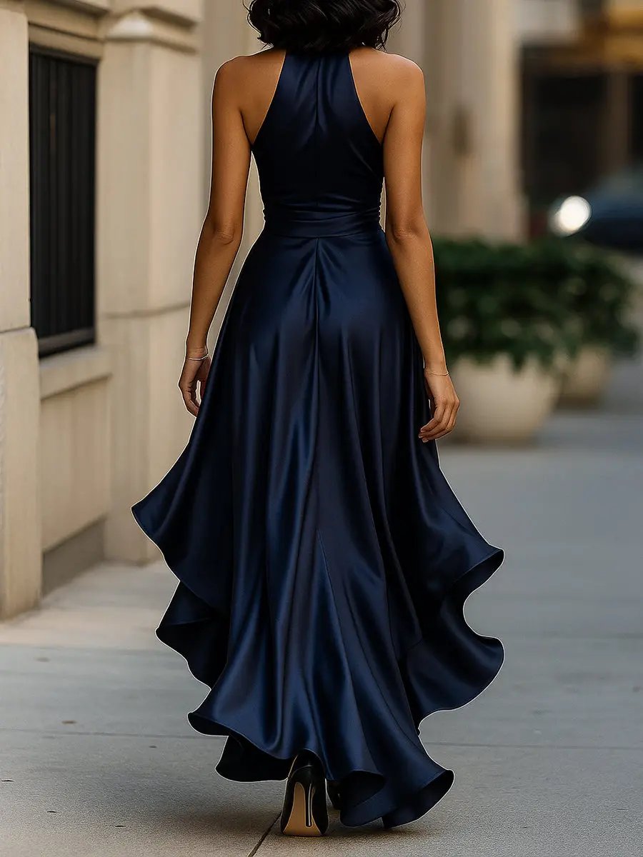 Women's Satin Halter Maxi Dress with Wrap Waist Detail