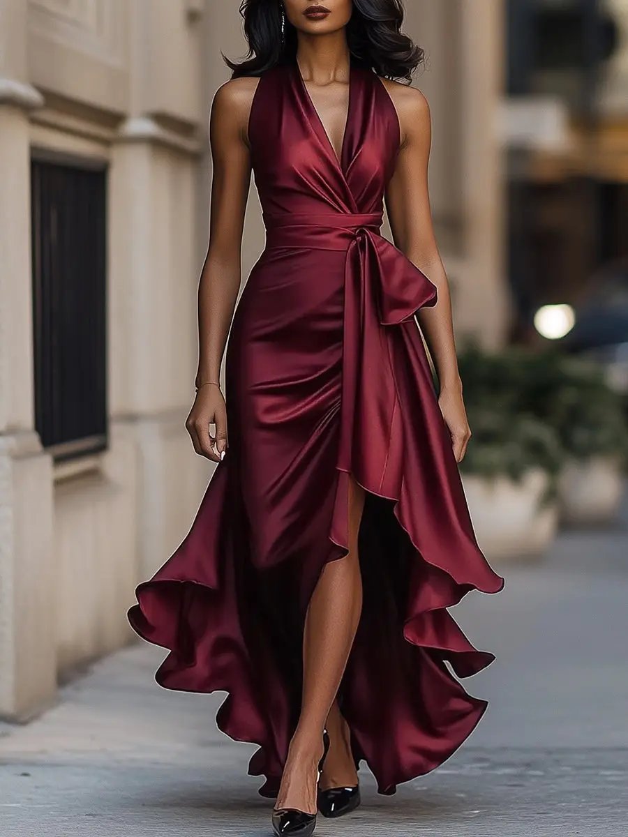 Women's Satin Halter Maxi Dress with Wrap Waist Detail