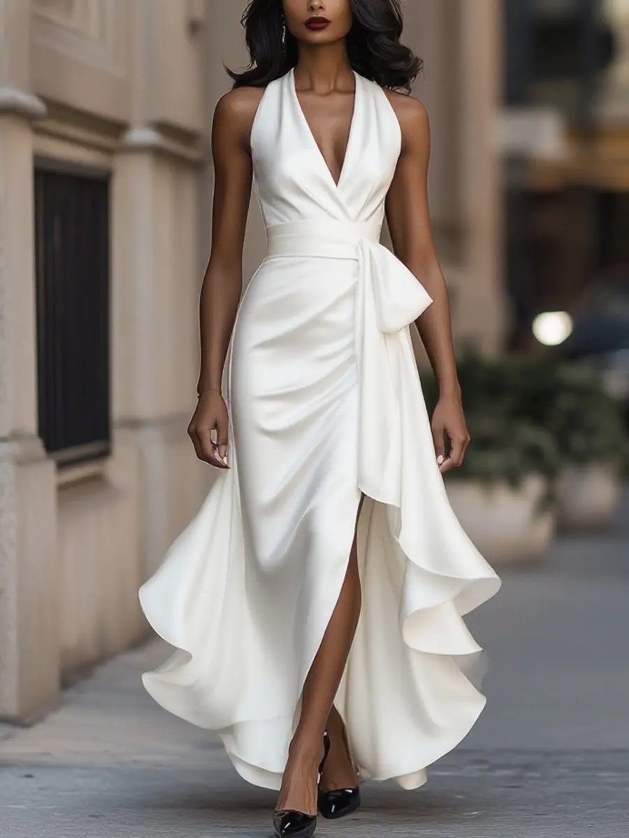 Women's Satin Halter Maxi Dress with Wrap Waist Detail