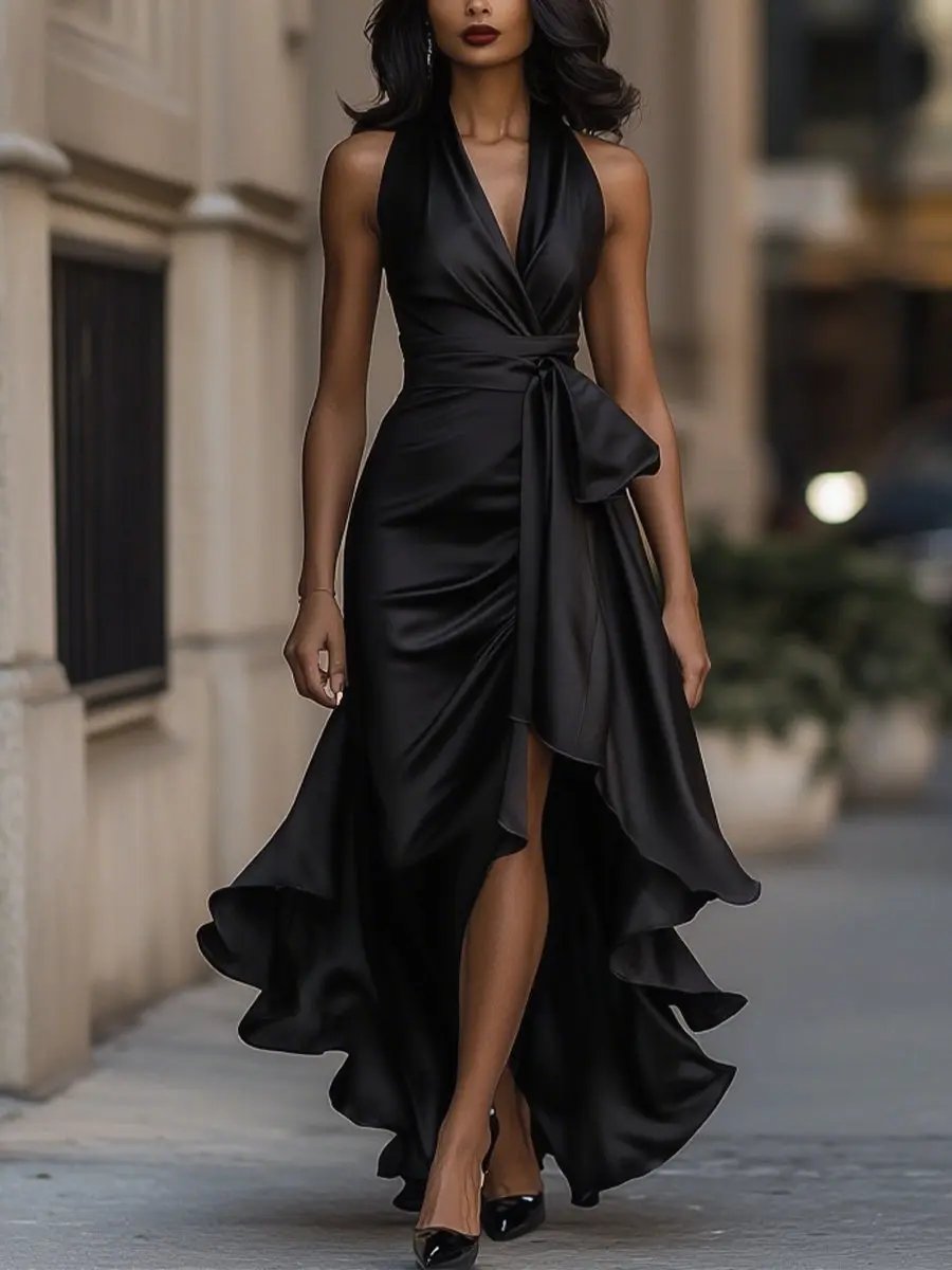 Women's Satin Halter Maxi Dress with Wrap Waist Detail