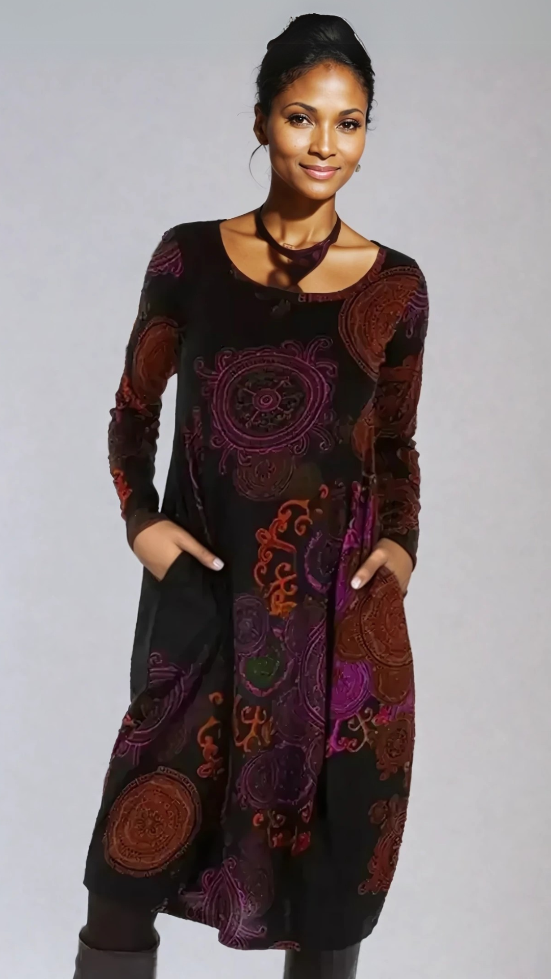Women's Bohemian Midi Dress with Mandala Print and Long Sleeves for Elegant Style