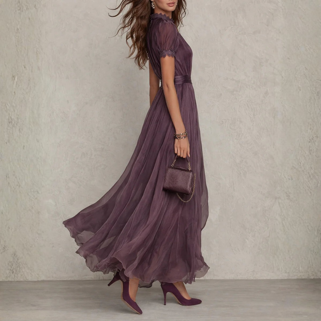 Women's Elegant Lace Trim Chiffon Maxi Dress
