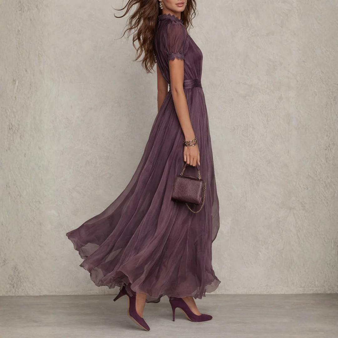 Women's Elegant Lace Trim Chiffon Maxi Dress