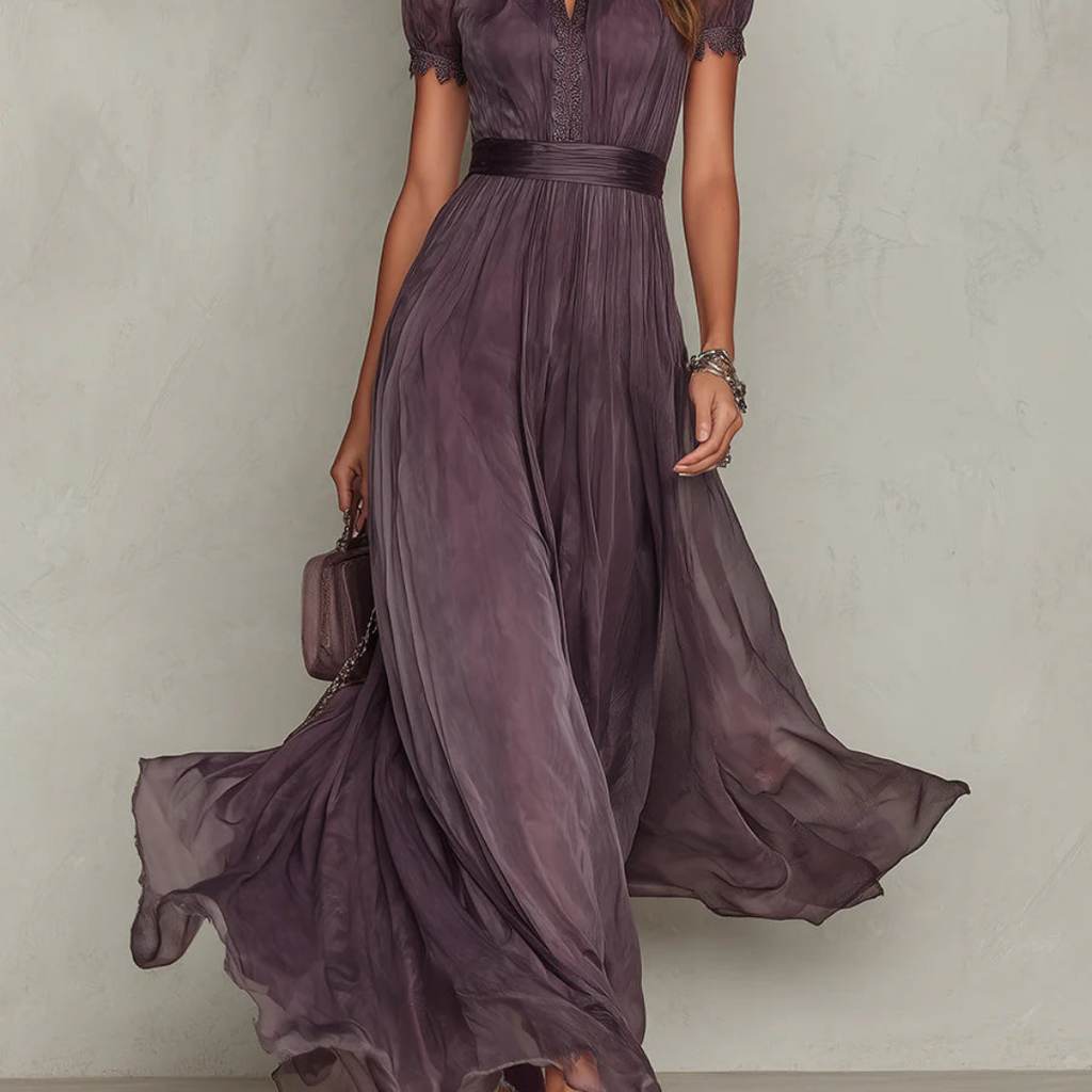 Women's Elegant Lace Trim Chiffon Maxi Dress