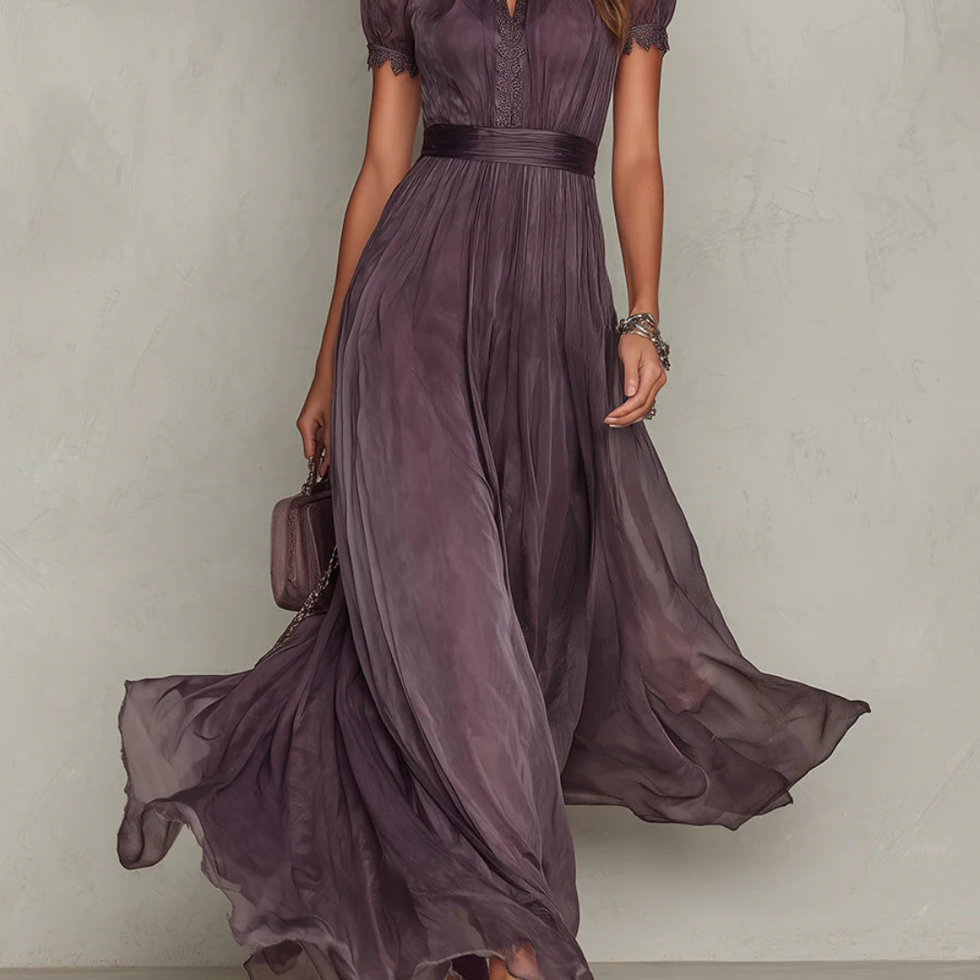 Women's Elegant Lace Trim Chiffon Maxi Dress