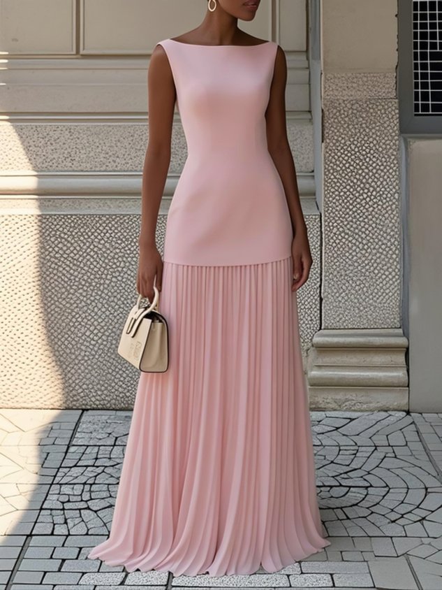 Women's Sleeveless Pleated Maxi Dress with Boat Neck