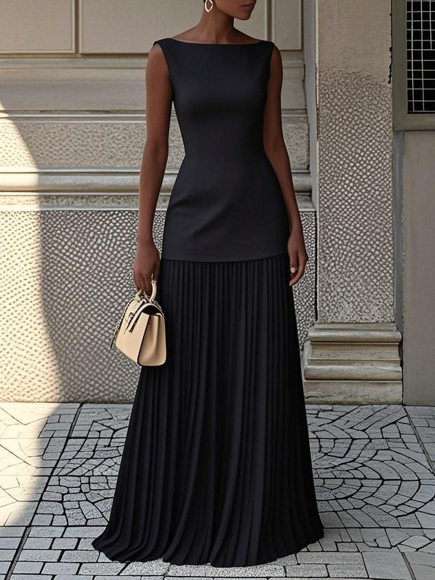Women's Sleeveless Pleated Maxi Dress with Boat Neck