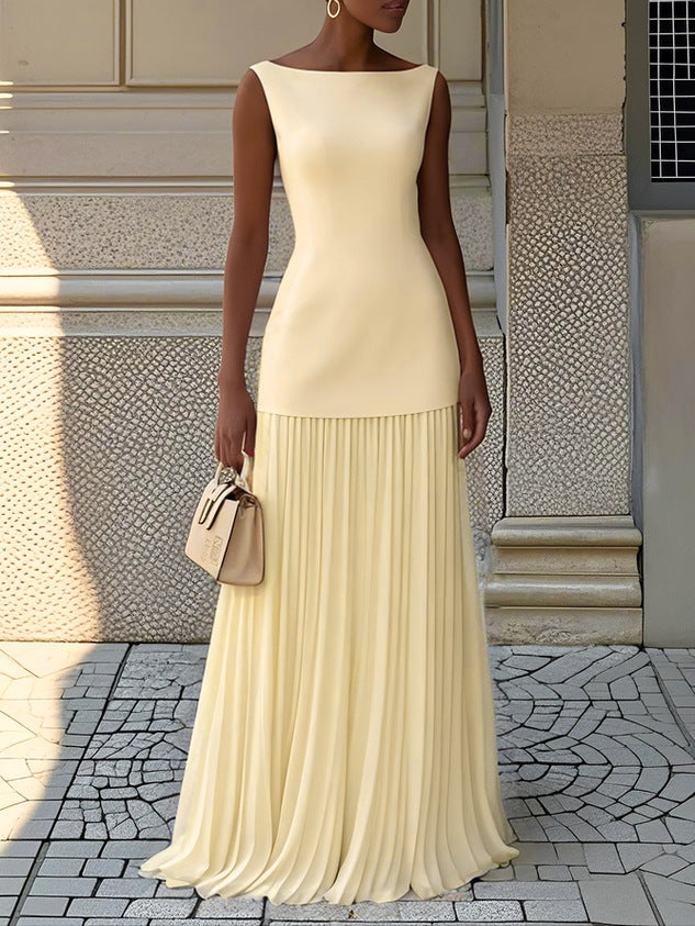 Women's Sleeveless Pleated Maxi Dress with Boat Neck