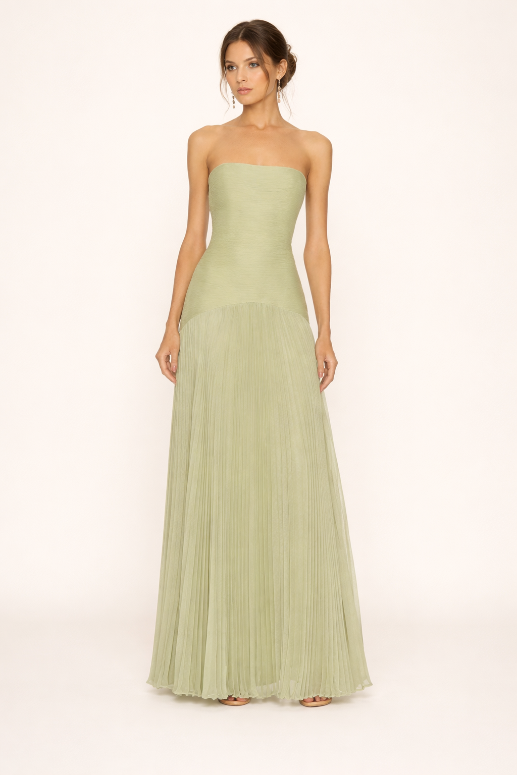 Damen trägerloses Maxikleid mit plissiertem Rock und elegant fließender Passform