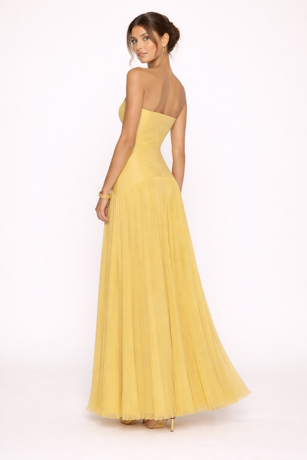 Damen trägerloses Maxikleid mit plissiertem Rock und elegant fließender Passform