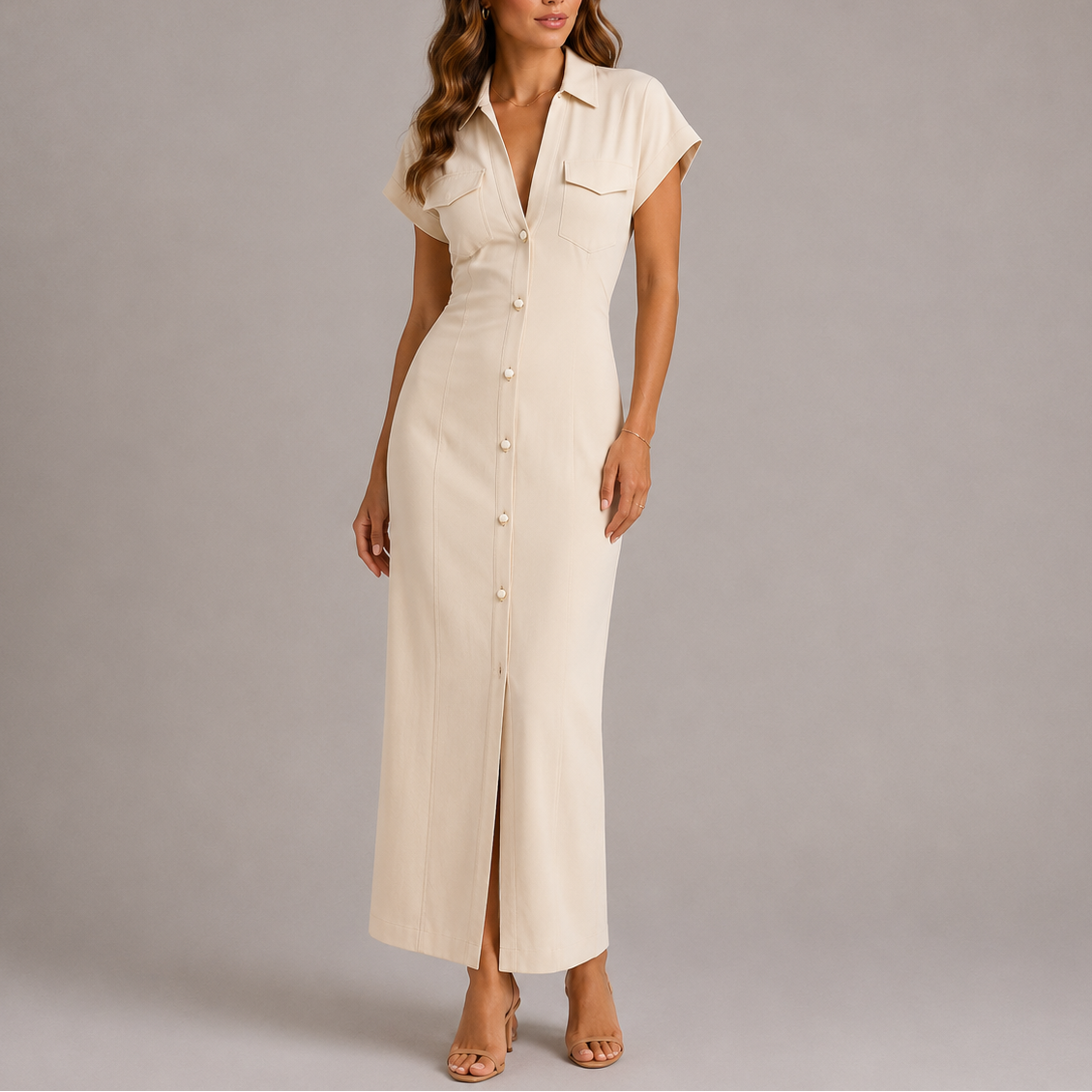 Robe maxi boutonnée devant pour femme avec taille froncée