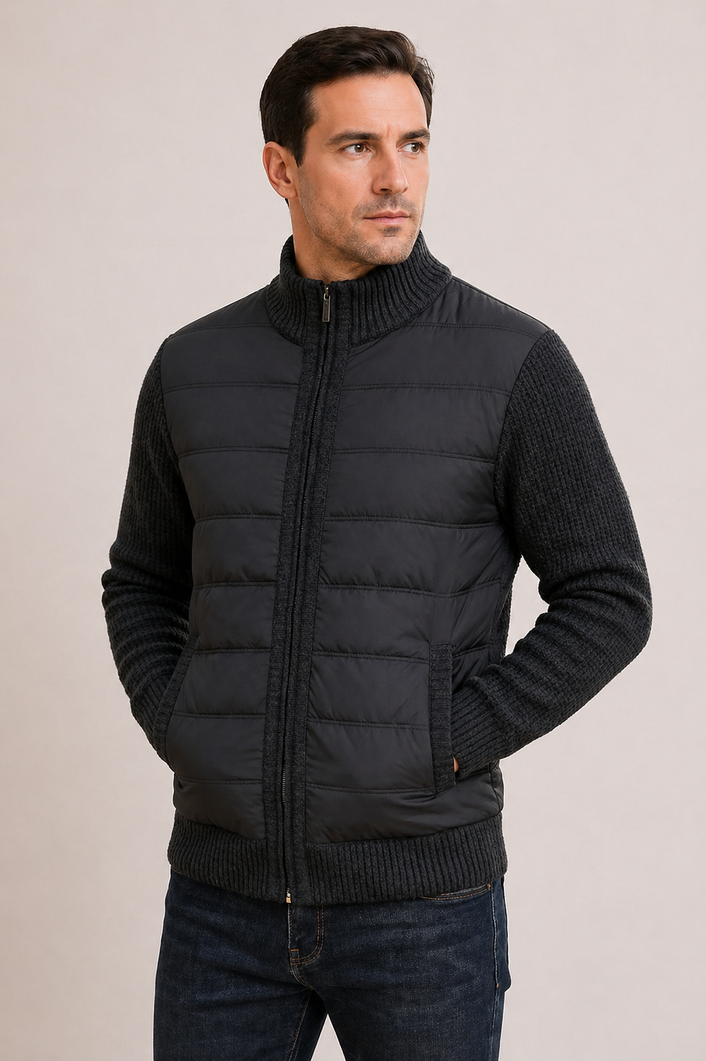 Herren-Steppjacke mit Strickärmeln und Reißverschluss