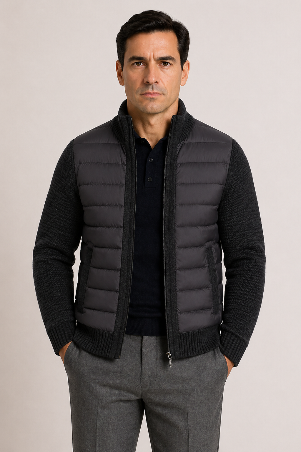 Herren-Steppjacke mit Strickärmeln und Reißverschluss