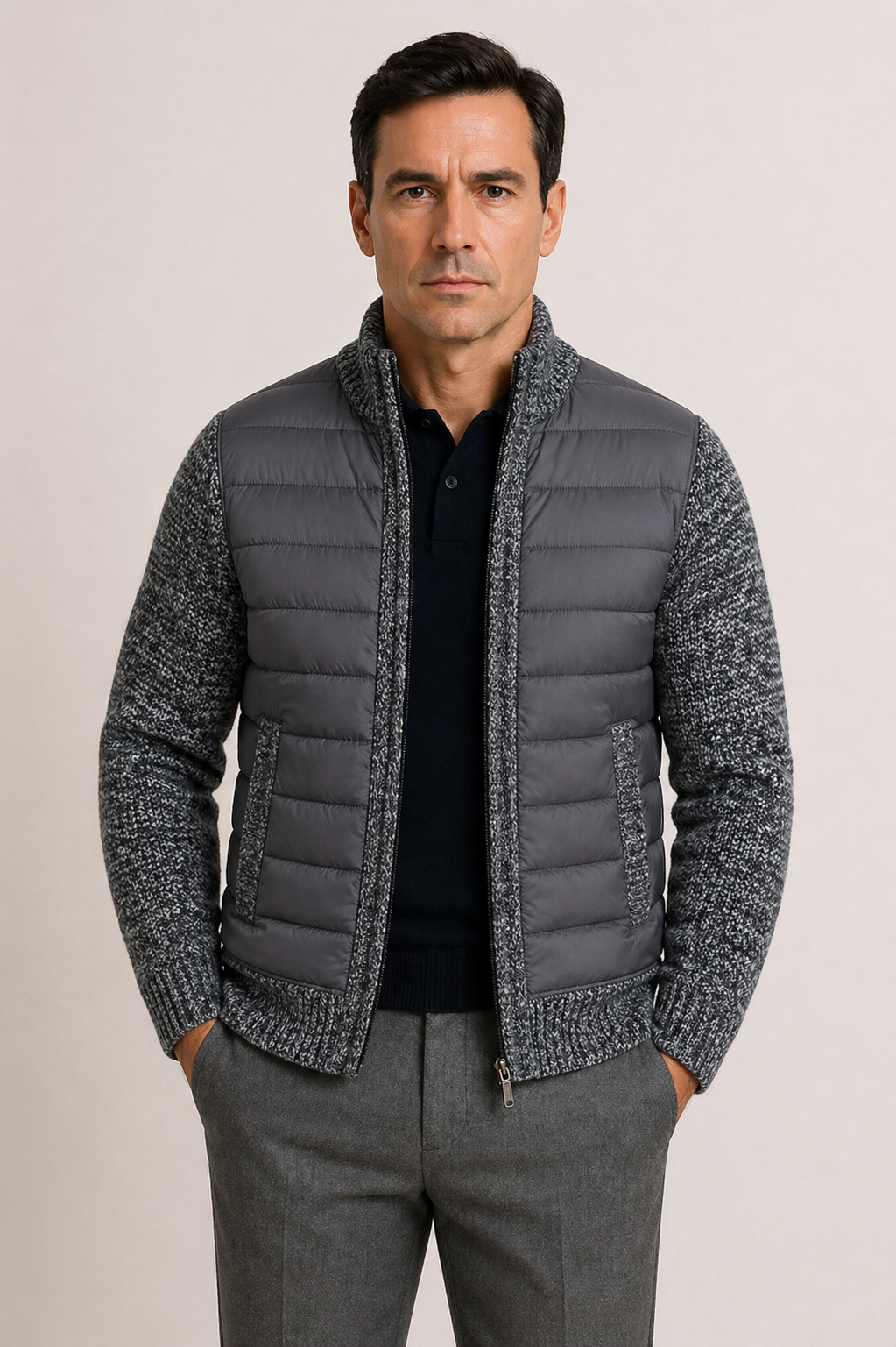 Herren-Steppjacke mit Strickärmeln und Reißverschluss
