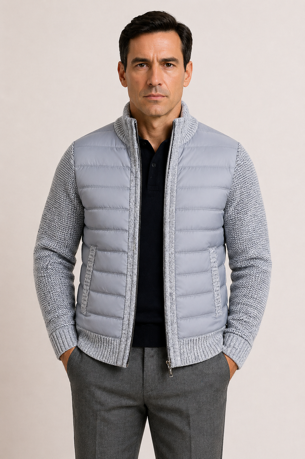 Herren-Steppjacke mit Strickärmeln und Reißverschluss