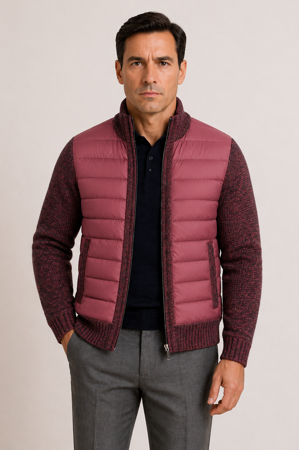 Herren-Steppjacke mit Strickärmeln und Reißverschluss