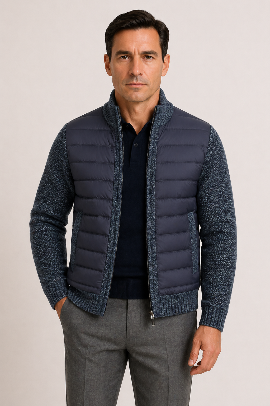 Herren-Steppjacke mit Strickärmeln und Reißverschluss