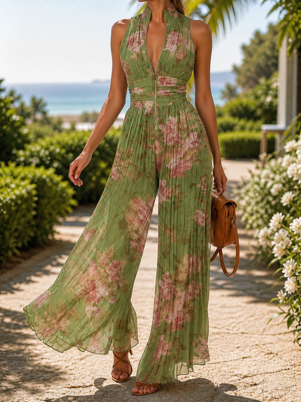 Damen Jumpsuit mit weitem Bein, Blumenmuster, Plisseefalten, Neckholder, Reißverschluss vorne und tailliertem Bund