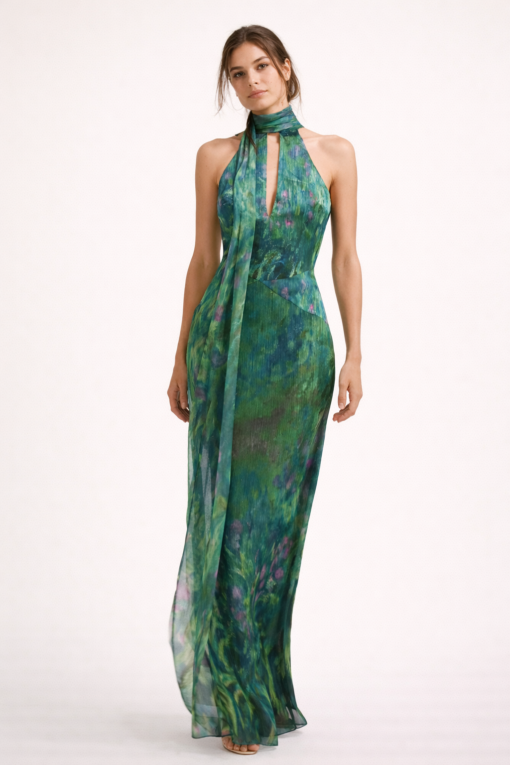 Damen Maxikleid mit Neckholder, fließender Drapierung und elegantem Print-Design