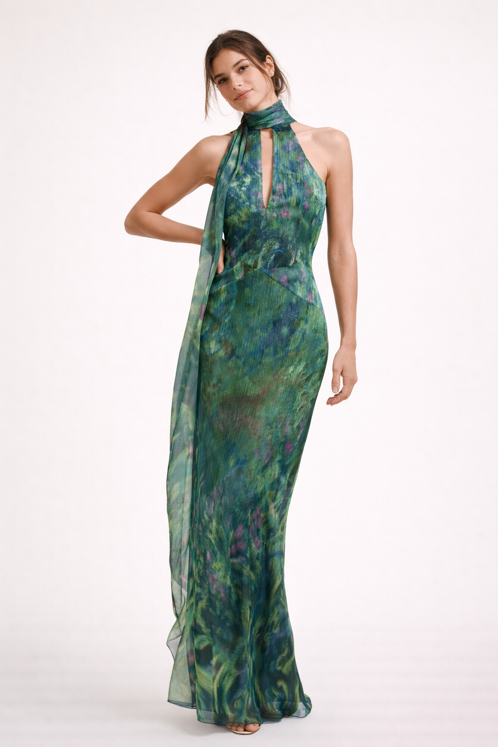 Damen Maxikleid mit Neckholder, fließender Drapierung und elegantem Print-Design