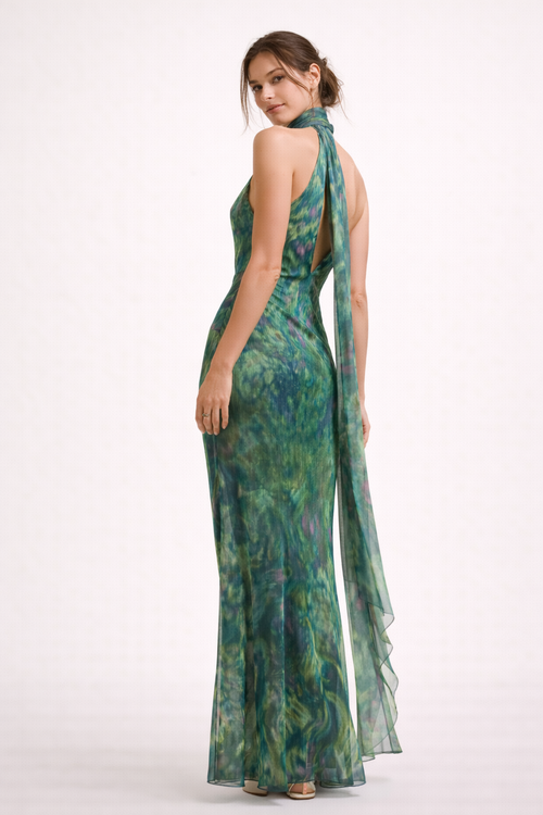 Women Halter Neck Maxi Dress with Flowing Drape and Elegant Printed Design