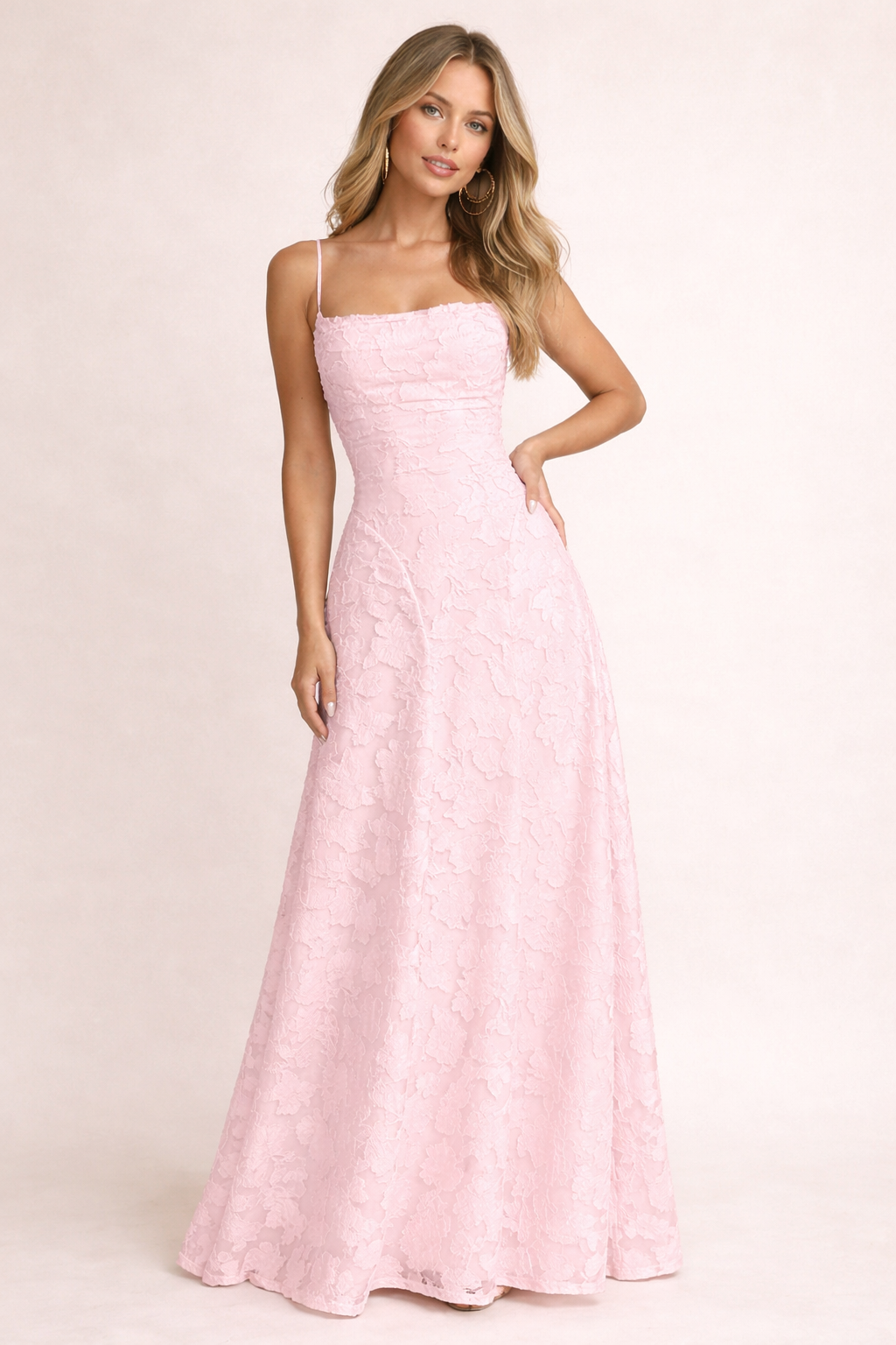 Women Floral Lace Maxi Dress with Flowing Skirt and Elegant Strap Design