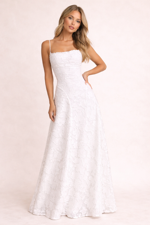 Women Floral Lace Maxi Dress with Flowing Skirt and Elegant Strap Design