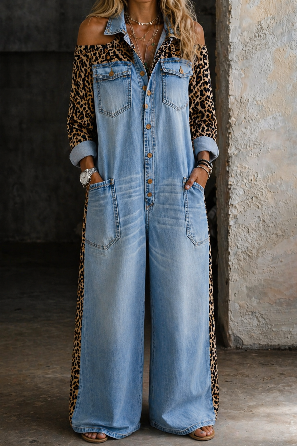 Tuta intera da donna in denim leopardato a gamba larga