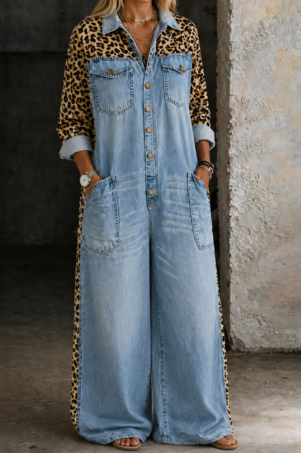 Tuta intera da donna in denim leopardato a gamba larga