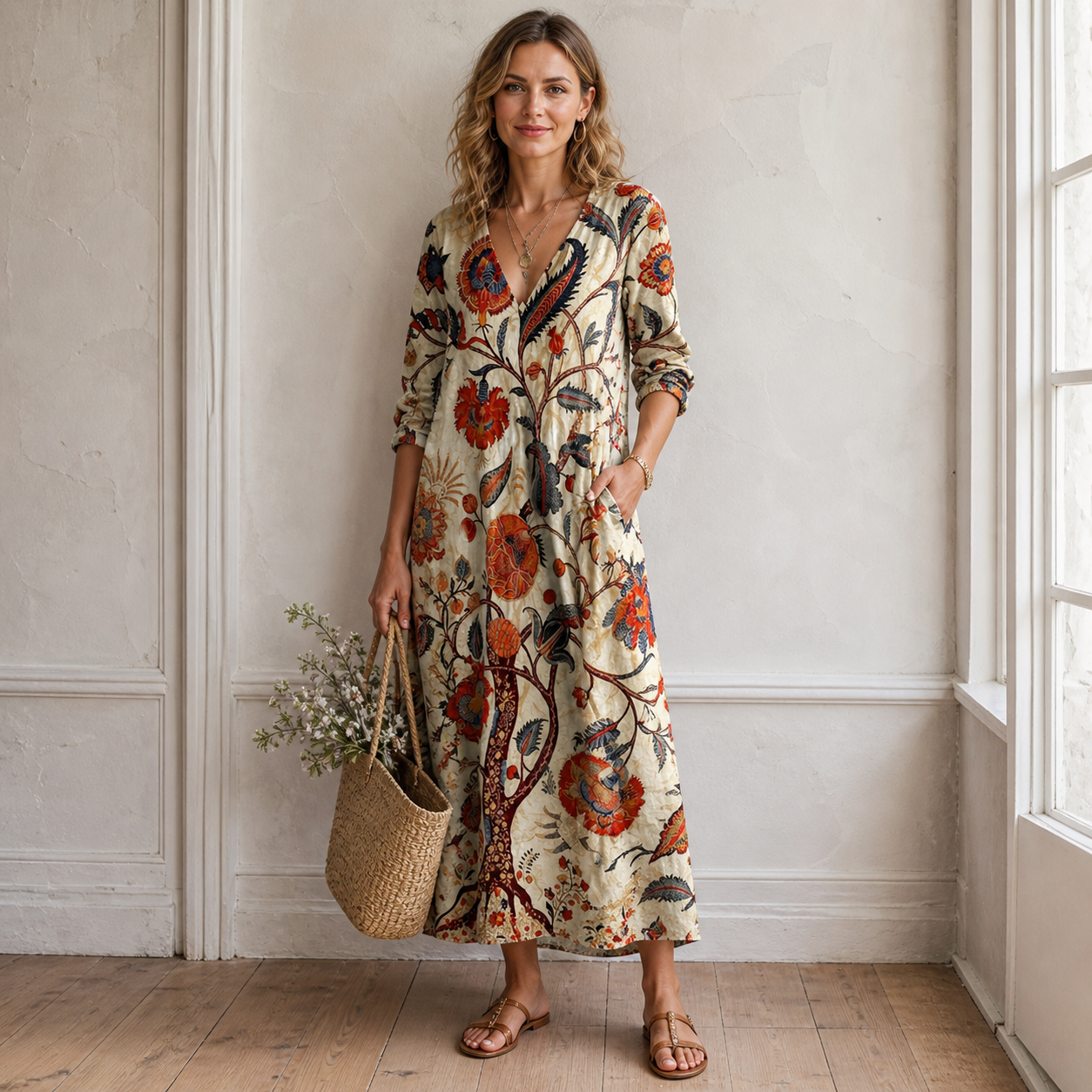 Women's Vintage Floral Maxi Dress for Elegant Everyday Comfort