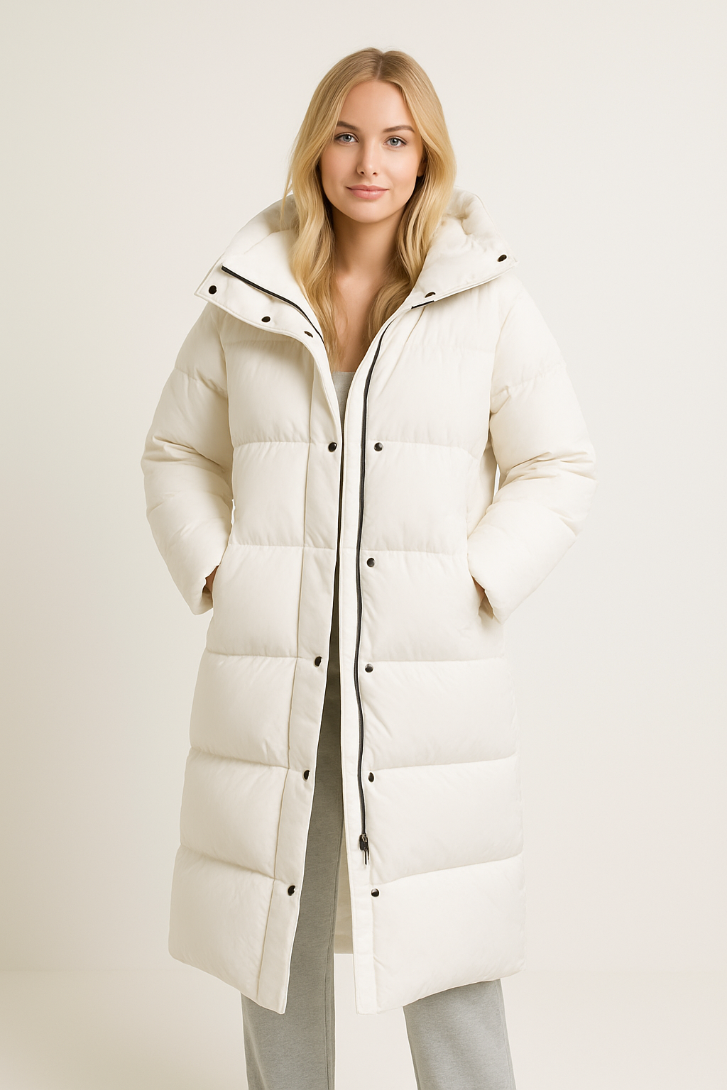 Manteau long matelassé à capuche pour femme