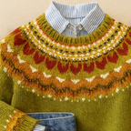 Striktrøje til kvinder med Fair Isle-mønster og rund halsudskæring