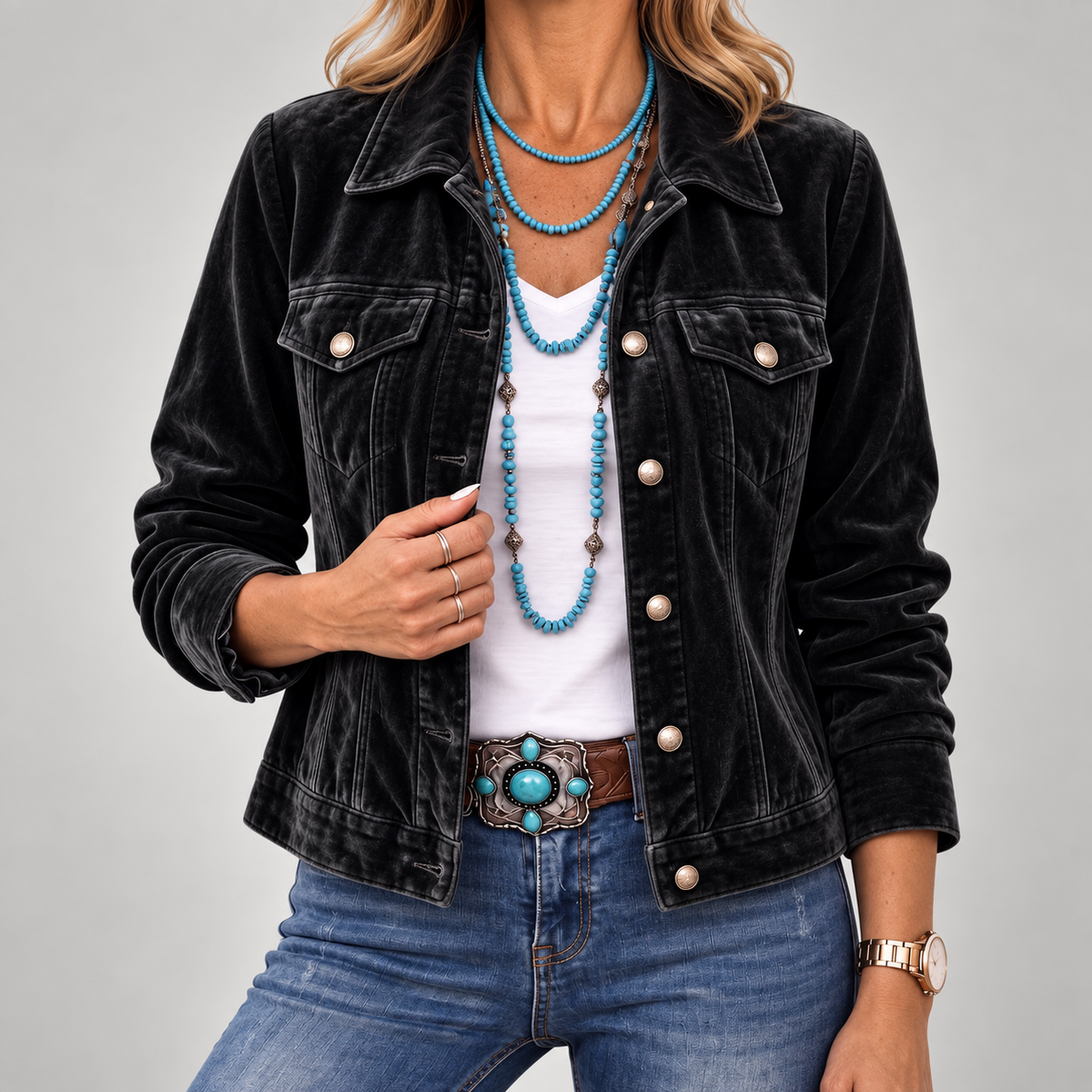 Veste en velours pour femme à boutonnage sur le devant