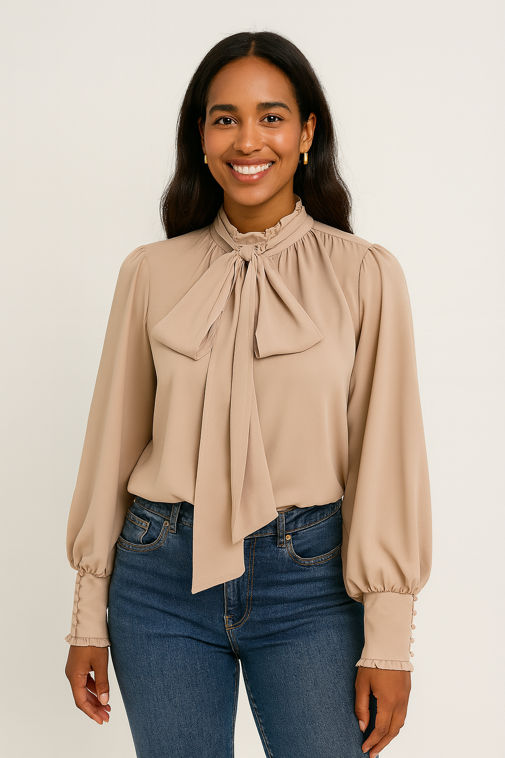 Damen Schleifenkragen-Bluse mit fließender Passform und eleganten langen Ärmeln