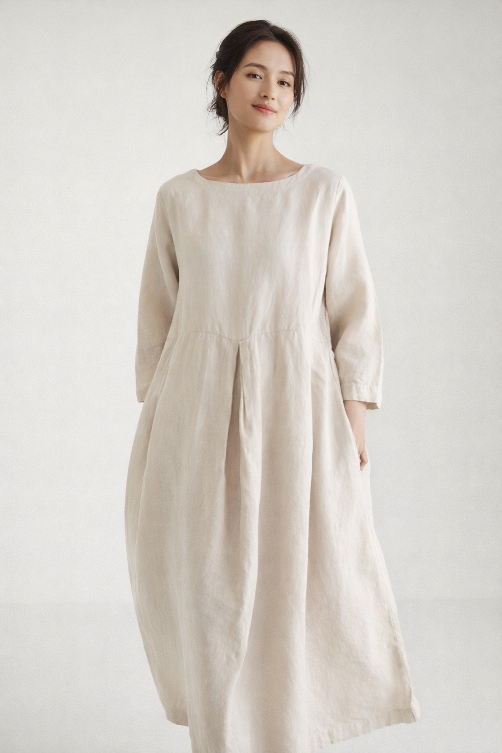 Damen Leinen-Midikleid mit lockerem Schnitt und atmungsaktivem Alltagsdesign