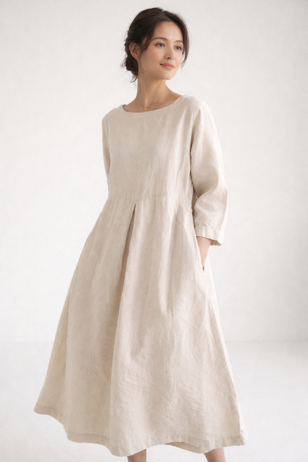 Damen Leinen-Midikleid mit lockerem Schnitt und atmungsaktivem Alltagsdesign