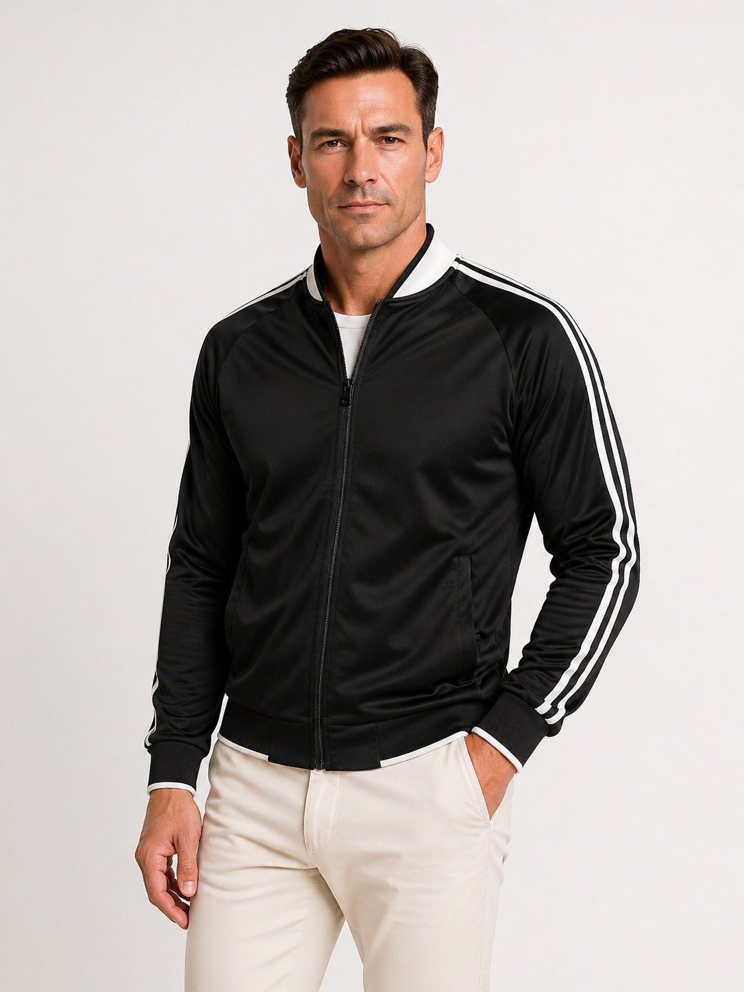 Herren-Trainingsjacke mit Streifen und durchgehendem Reißverschluss