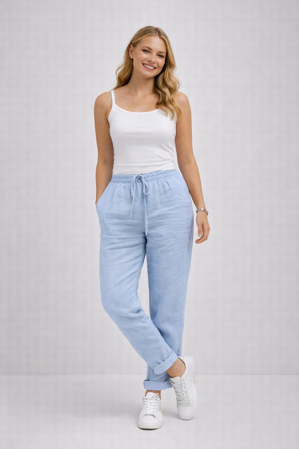 Damen-Leinenmischhosen mit elastischem Bund und Taschen für den Alltag