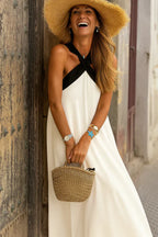 Women's Colorblock Halter Maxi Dress with Cross-Neck Detail