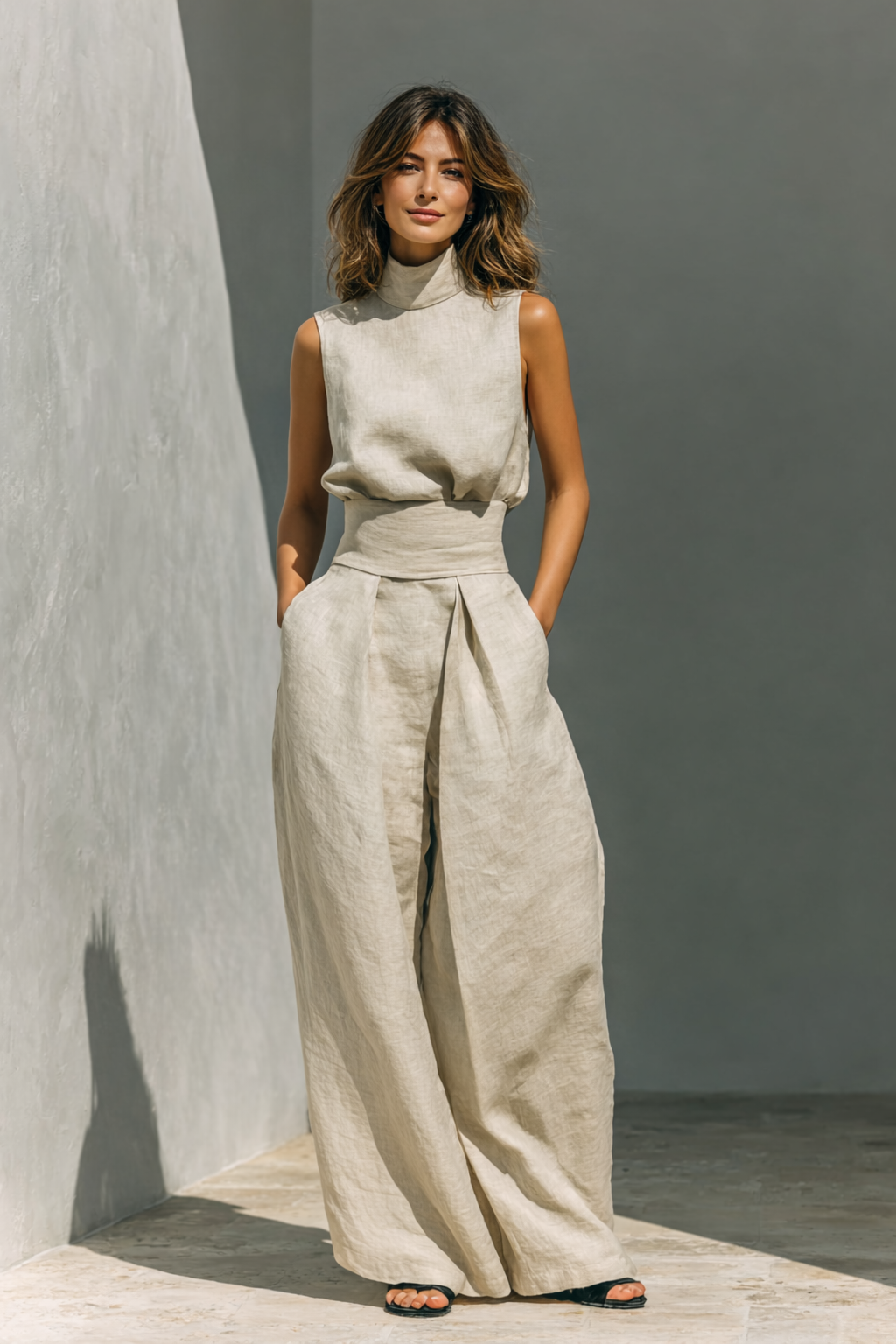Women's Linen Blend Two-Piece Set with High-Neck Top and Wide-Leg Trousers