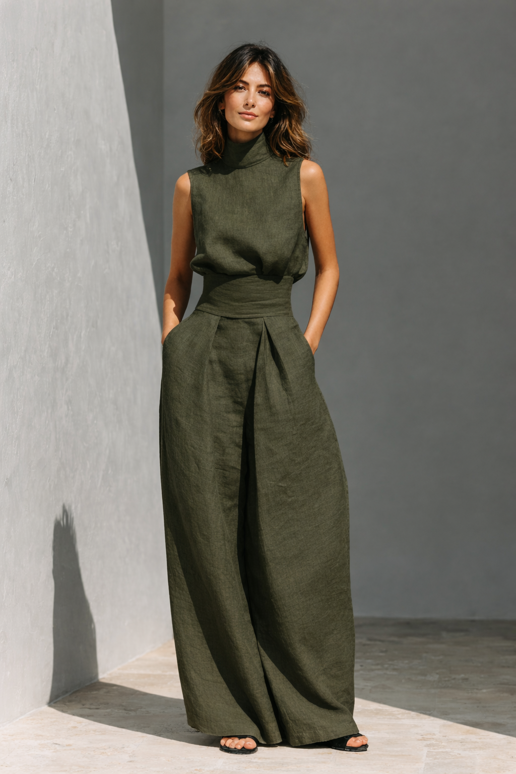 Women's Linen Blend Two-Piece Set with High-Neck Top and Wide-Leg Trousers