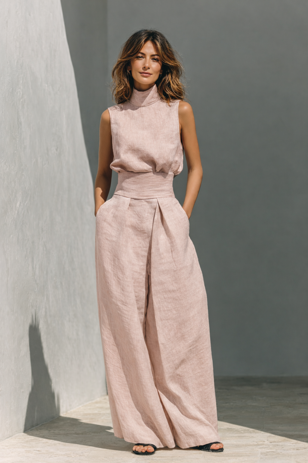 Women's Linen Blend Two-Piece Set with High-Neck Top and Wide-Leg Trousers