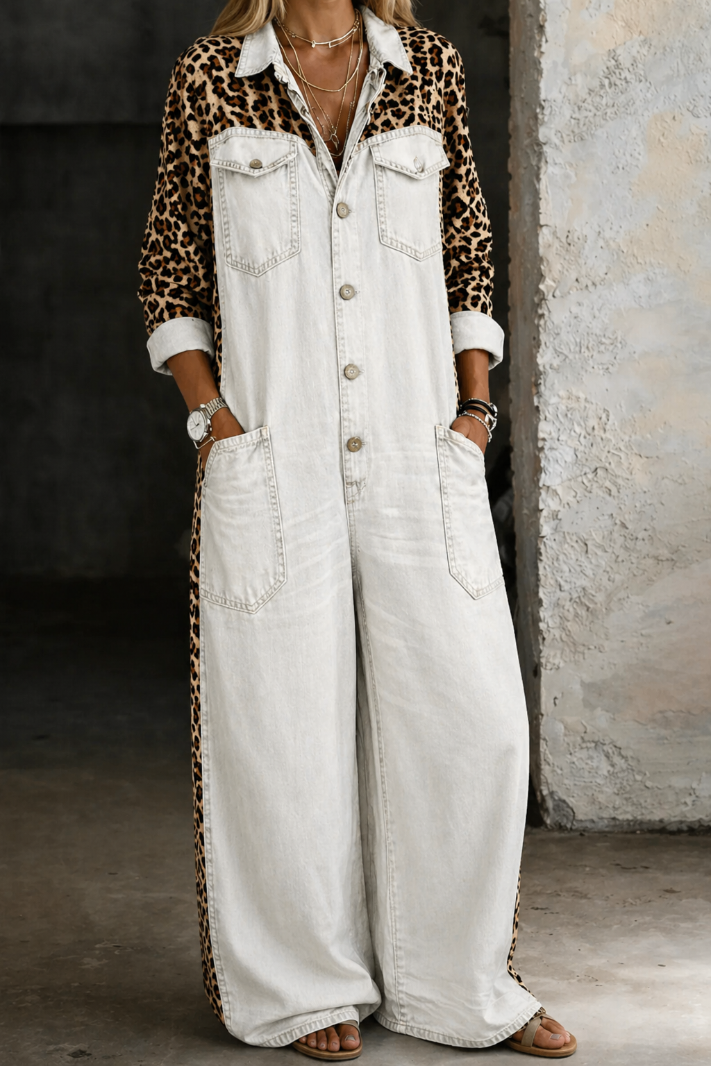 Damen-Jumpsuit aus Jeansstoff mit Leopardenmuster und weitem Bein